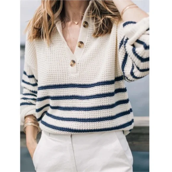 ABLE x Jess Ann Kirby Marin 100% Organic Cotton Striped Button Knit Sweater - Picture 1 of 14